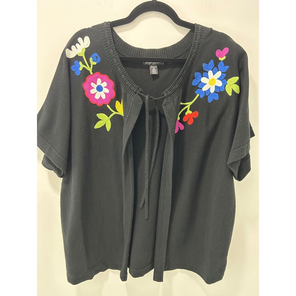 Designers Originals Womens 1X Black Floral Embroidered Cotton Tie Front Cardigan